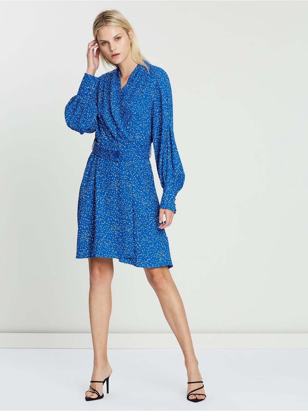 Equipment / Fanetta Blue Natural White Dot Belted Wrap Dress